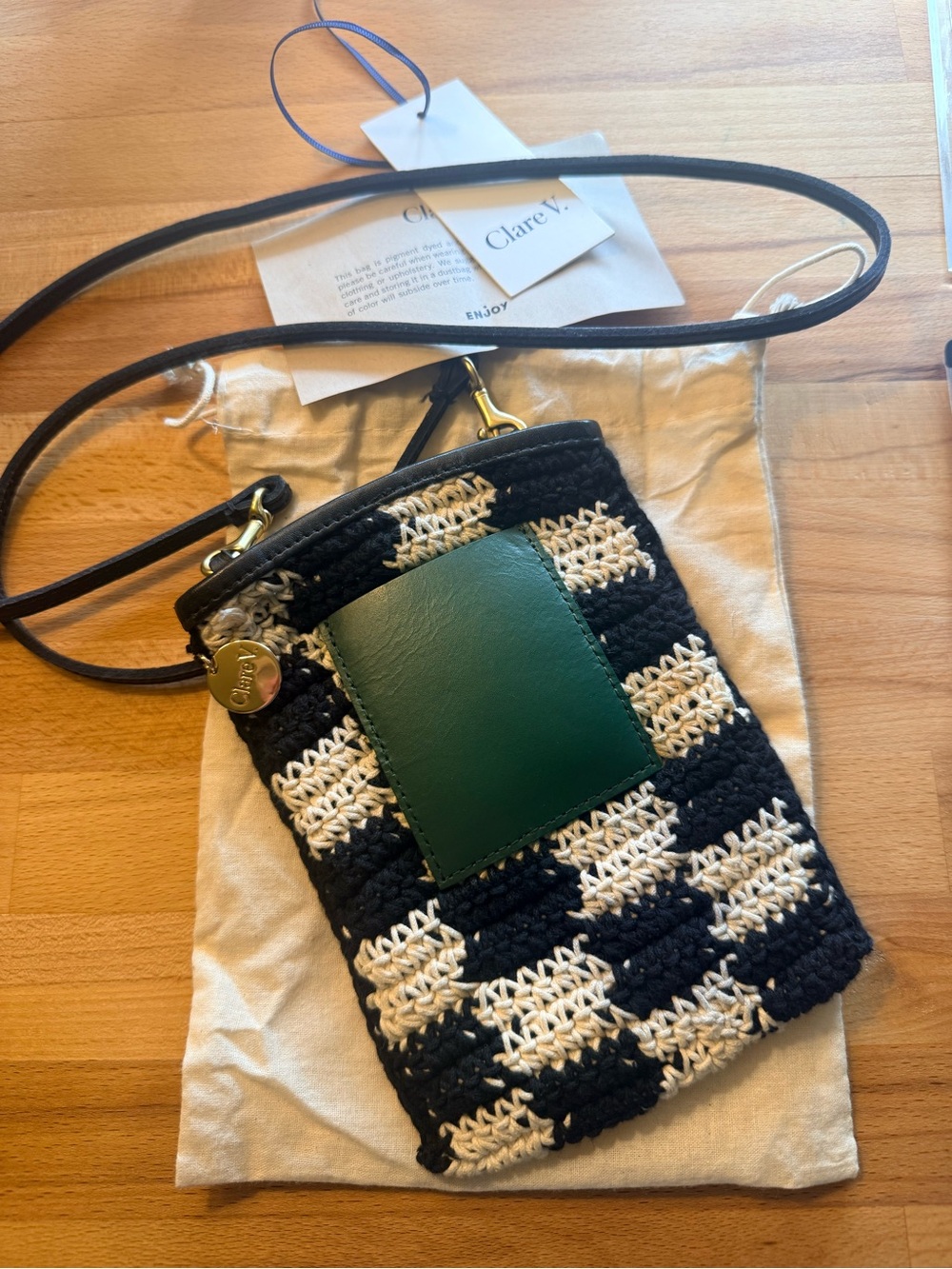 Clare V Black & Cream Crochet Poche Crossbody with Green Leather Pocket